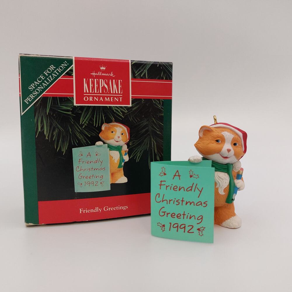 Vintage 1992 Hallmark Friendly Greetings Christmas Ornament Cat Kitten Card Box